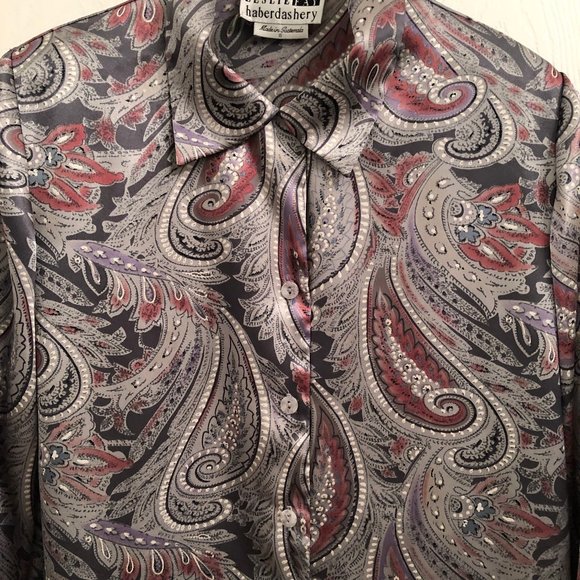 Leslie Fay Haberdashery Vintage Paisley Silver Pink Purple Blouse size 8 - Picture 4 of 6